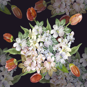 Bouquet of branches of apple blossom and tulips seamless pattern