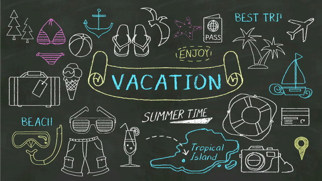 Handwriting concept of 'Vacation' at chalkboard.