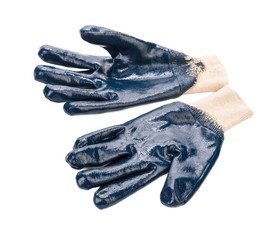 Close up of blue rubber gloves.