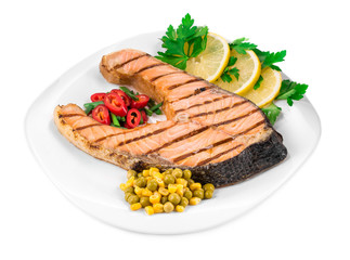 Grilled salmon steak with vegetables.