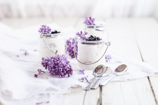 Organic blueberry dessert with blueberries, honey and greek yogurt in tiny glasses