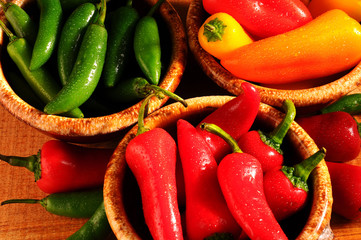 Sweet Peppers and Chilies in Bowls