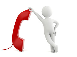 3d man standing isolated with red telephone, call center concept, customer service