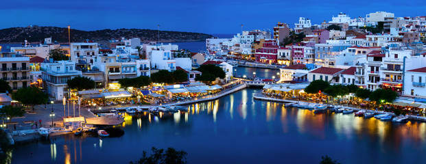 Agios Nikolaos at night on Crete, Greece.