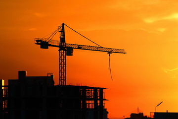 Silhouette Crane on Sunset Background