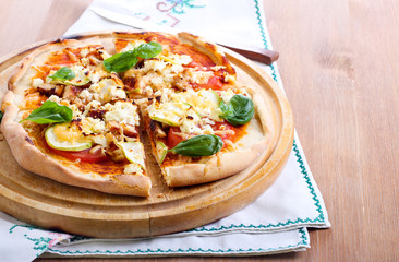 Courgette, chicken and feta pizza