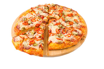 Tasty pizza on a wooden board
