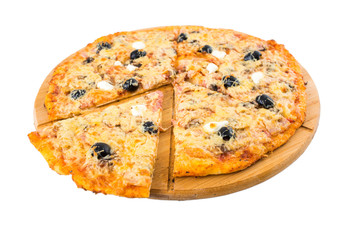 Tasty pizza on a wooden board
