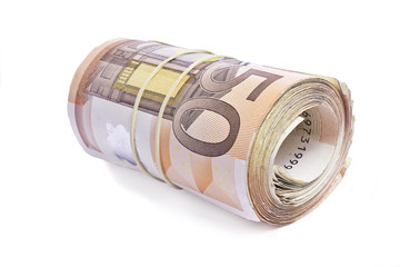 50 euro bank notes rolled and wrapped together