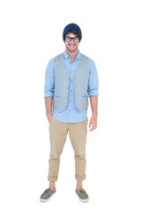 Fototapeta premium Geeky hipster looking at camera with hand in pocket