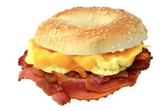 Bagel With Fried Bacon, Scrambled Eggs And Cheddar Cheese, Studio Isolated