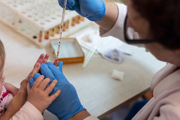 complete blood count/in a medical office take blood on the analysis from a finger from the child