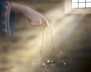 This is the hand of the princess holding a magic jewel. Digital illustration for Grimm's fairy tale Rumpelstiltskin. © carlafcastagno