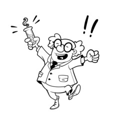 Happy professor with a chemical flask in his hand. Outline