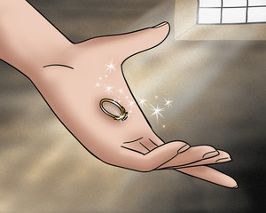 This is the hand of the princess holding a magic ring. Digital illustration for Grimms fairy tale Rumpelstiltskin. © carlafcastagno
