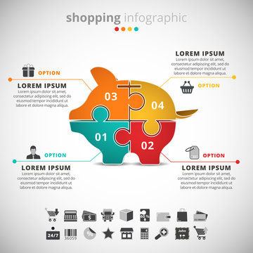 Shopping infographic with piggy bank made of puzzle.