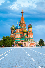 The view of Saint Basil's Cathedral on the Red Square at sunset, Moscow, Russia.