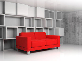 Abstract interior, white cubic shelves, red sofa 3d
