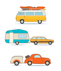 Set of Vintage Caravans and Cars with Trailers. Travel vehicle. Vector illustration on white background