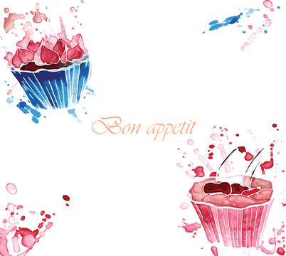 Two watercolor cupcakes with splashes on white background