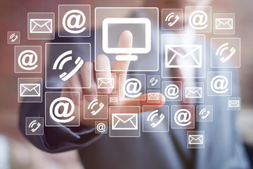 Businessman pushing button media connection computer network