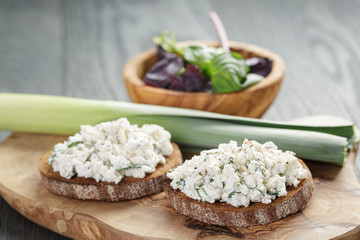 rye sandwiches or bruschetta with ricotta cheese and herbs