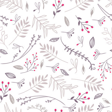 Floral seamless vector pattern, brown herbs on white background