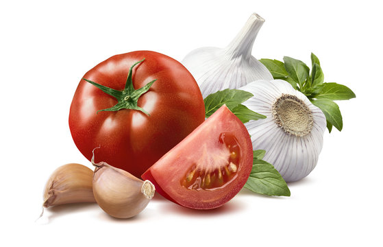 Tomato, basil leaves, garlic bulbs, cloves 2 isolated