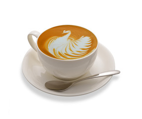 Latte art , coffee isolate on white background , bird shape