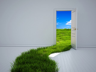 Empty room with opened door and green grass path to the field