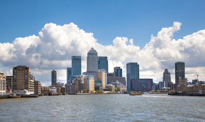 LONDON, UK - APRIL 30, 2015:  Canary Wharf business aria view from the River Thames