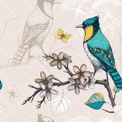 Vintage sketch background with green birds, vector seamless pattern