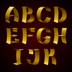 Set of isolated golden shiny ribbon font A-K letters