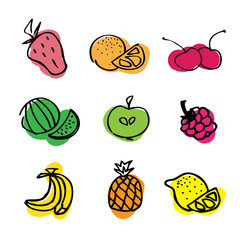 set of fresh fruits hand-drawn