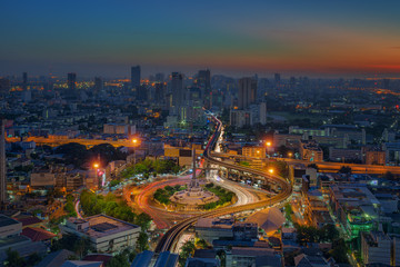Bangkok city night view with main traffic high way