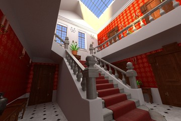 3d render of luxury manor interior - lobby