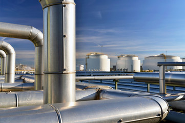 chemical industry, storage tank with pipes in oil refinery