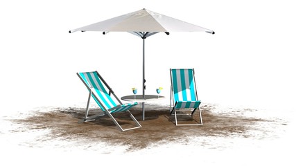 Deck chairs and umbrella isolated on white background