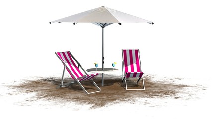 Deck chairs and umbrella isolated on white background