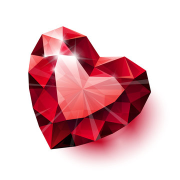 Shiny isolated red ruby heart shape with shadow on white backgro