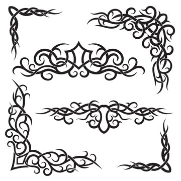 Set of lines vector decorative elements for design. Tribal tattoo in floral style.