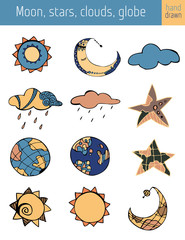 set of the moon, stars, sun, globe, hand drawn