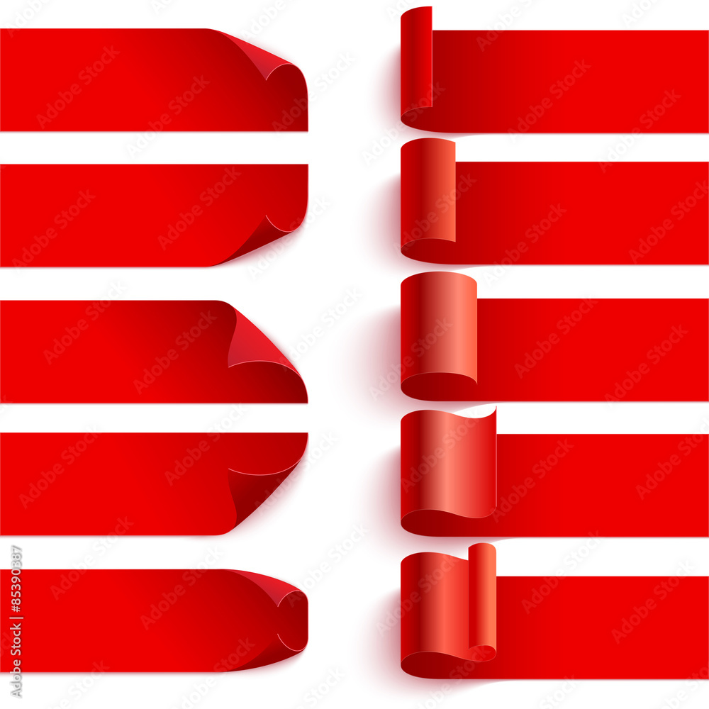 Aufkleber set of curled red ribbons with shadows on white backgroun