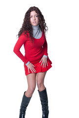 Woman in mini red skirt and black boots