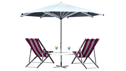 Deck chairs and umbrella isolated on white background © Riko Best