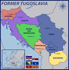 Obraz premium Map, Location and Flags of the Former Yugoslavia