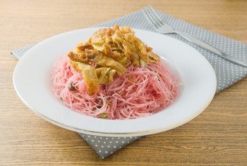 Thai Red Fried Rice Vermicelli with Eggs and Scallion
