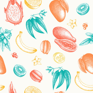 Vector seamless pattern with ink hand exotic fruits and plants sketch.