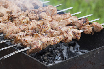 Shish kebab on skewers in the process of cooking over the coals