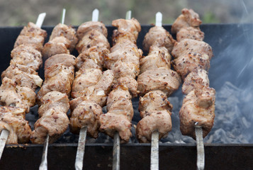 Shish kebab on skewers in the process of cooking over the coals